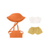 A 4-piece doll outfit including an orange hat, white top, and khaki shorts. Suitable for 15–17 cm dolls.