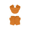 An orange plush doll racing suit set featuring a cap and shorts, designed for a 10cm doll.