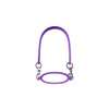 A drink bottle carry strap in purple silicone with metal clasps at both ends. Features a logo on the handle.