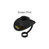 A drink bottle accessory in the shape of a black cowboy hat, with a yellow logo and a straw attachment.