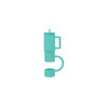 A drink bottle with a cup-shaped silicone straw cover in a teal colour, featuring a handle and curved design.