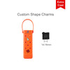 An orange wine bottle bag featuring polka dots and a logo, with a carrying strap. Custom shape charm options available.