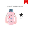 A drink bottle in a pink silicone bag with star designs and a strap, featuring a logo.