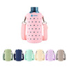 A drink bottle bag in pink with star patterns, featuring a shoulder strap and various colour options displayed below.