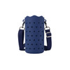 A drink bottle holder in navy blue silicone with star cutouts and a detachable strap. Features a logo.