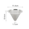 A stainless steel coffee filter in a conical shape, featuring a handle, with measurements indicated.
