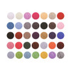 A variety of yarn balls in shades of pink, purple, red, blue, brown, green, and orange, arranged in a grid.