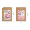 A crochet kit packaging featuring a pink and purple pet bib design, with dimensions and a branding logo.