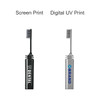 A foldable toothbrush in black and silver, featuring bristles and a compact handle. Each toothbrush has a logo.