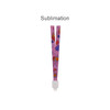 A pink retractable lanyard featuring various colourful designs, with a white plastic attachment at the end.