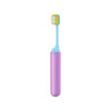 A foldable toothbrush with a soft bristle head in blue and a pink body, featuring a logo on the handle.