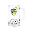 A beer glass featuring a soccer-themed design, with a custom spinner toy inside and a handle.