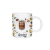 A ceramic coffee mug featuring a barrel design, pale colours, and a brewery-themed pattern. It includes a logo.