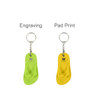 A thongs-shaped keyring with a green version on the left and a yellow version on the right. Both have a logo.