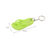 A green thongs-shaped keyring with a metal keychain. Measures 8.2 cm long and 4 cm wide.