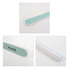 A double-sided polished nail file featuring a light green sanding surface and a white body. It has a branded logo.