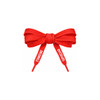 A red bow made from custom shoe laces, featuring tips with printed text.