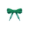 A pair of green custom shoe laces tied in a bow, featuring text on the ends and a logo.