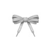 A pair of grey custom shoe laces tied in a bow with silver tips and branding on the ends.