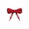 A set of red custom shoelaces tied in a bow, featuring branding on the ends.
