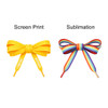 A pair of bows: one in bright yellow with printed laces, the other in rainbow colours with sublimated patterns.