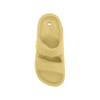 A yellow fridge magnet shaped like a slide sandal, featuring two straps and a textured surface.