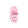A pink clog shoe-shaped charm featuring ventilation holes and a black button detail.