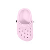 A pink clog shoe-shaped charm with ventilation holes and decorative buttons. It features a simple design and has a smooth finish.