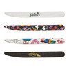 A pack of 50 wooden knife-shaped nail files in various colours and designs, featuring a logo on one file.