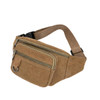 A tan canvas waist bag with multiple zippered compartments and an adjustable strap. It features a small loop for attachment.