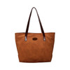 A brown suede leather tote bag with darker brown handles and a logo on the front.
