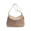 A beige polyurethane tote bag with a single strap and a zippered closure, featuring a branding logo.