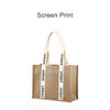 A jute tote bag in natural brown with white handle straps featuring a logo.