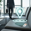 A teal passport holder sits on a grey sofa in an airport lounge, with a logo and a tracking symbol above it.