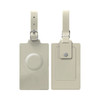 A beige luggage tag with a rounded section on one side and a snap fastener on the other. It features a metal attachment.