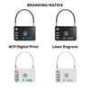 A set of four luggage locks in black and white, featuring combination dials and branding logos.