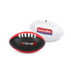 A mini Aussie rules ball in black and red, with one side featuring a logo and the other in white with branding.