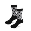 Custom patterned woven bamboo socks in black and white with a towel bottom feature and a logo.