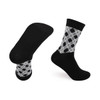 Crew custom pattern woven bamboo socks in black and grey with a towel bottom for added comfort. Features a logo.