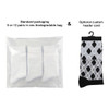A package of custom pattern woven bamboo socks with a black and grey argyle design, featuring biodegradable packaging.