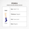 A pair of purple crew woven work socks displayed with size and thickness details. Features a branding logo.