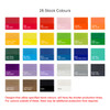 A selection of fabric swatches in 28 stock colours including red, orange, yellow, green, blue, purple, and black.
