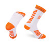 Crew woven sport socks in white and orange with a striped design and a logo feature.
