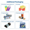 A variety of custom packaging options including gift boxes, envelopes, and a counter display with colourful designs.