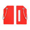 A red soft silicone luggage tag with a clear window for name details and metal wire attachments.