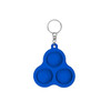 A blue keychain featuring three push bubbles, attached to a metal ring, with a smooth silicone texture.