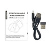 A foldable wireless mouse in black, accompanied by a USB cable and user manual featuring a diagram.