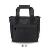 A black cooler bag with two handles, featuring a zippered compartment and side pockets. It also has a logo.
