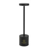 A black rechargeable table lamp with a cylindrical base and a circular top, featuring a logo on the base.