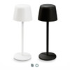 Two rechargeable table lamps are displayed: one in white and one in black, each with a minimalist design.